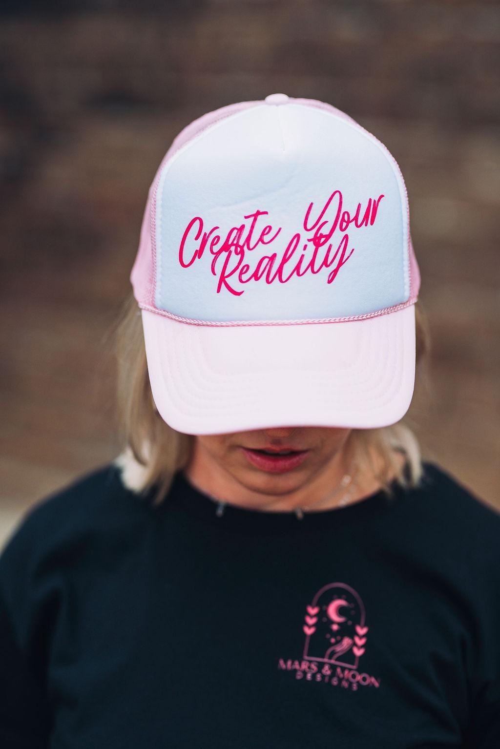 Create Your Reality Trucker Hat: Pink & White Mesh, Inspirational Cap