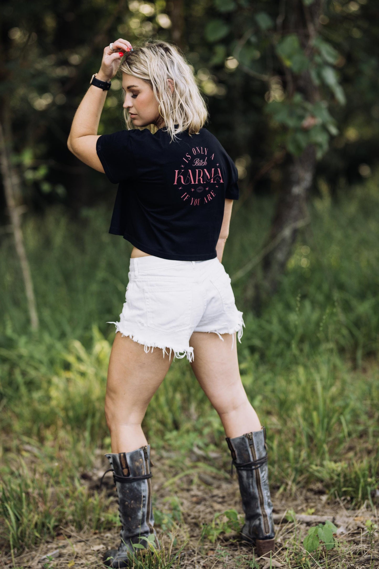 Sassy Graphic Crop Top: Karma Statement Tee for Confident Women