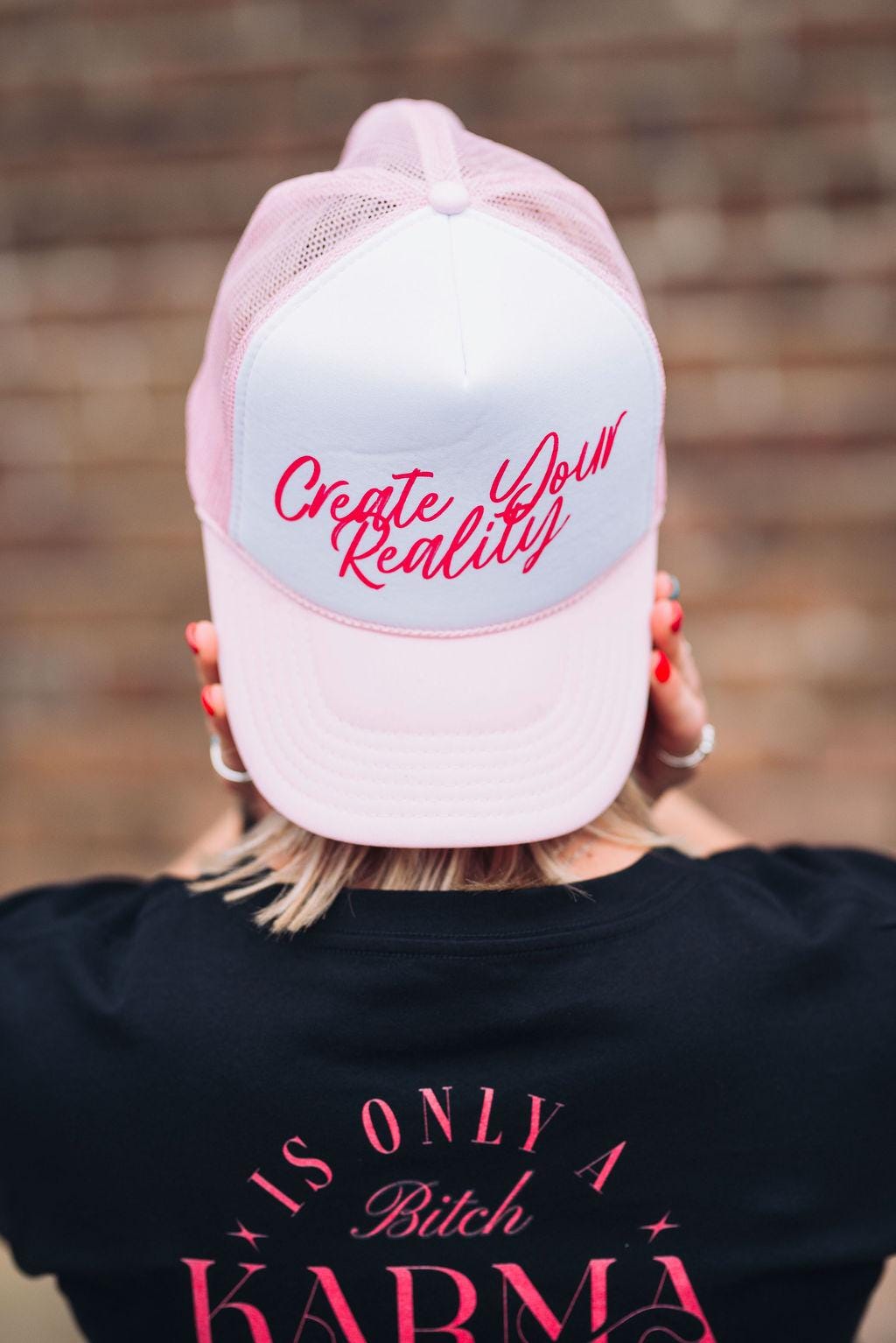 Create Your Reality Trucker Hat: Pink & White Mesh, Inspirational Cap