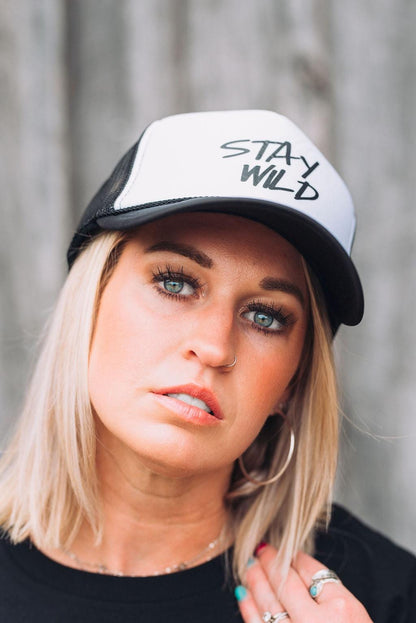 Stay Wild Trucker Hat- Snapback Mesh Hat in Blue, Pink, or Black- Adventure Quote Hat- Wild and Free Hat for Women- Boho Festival Hat
