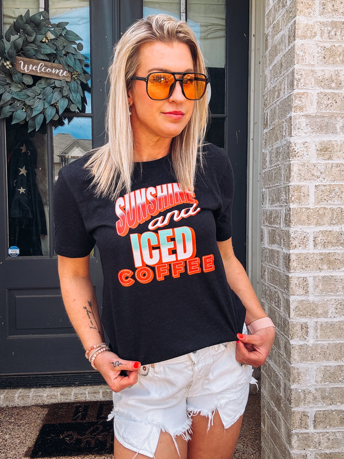 Sunshine & Iced Coffee Graphic Tee - Bella + Canvas Women's Summer Shirt - Cute Coffee Lover Tee