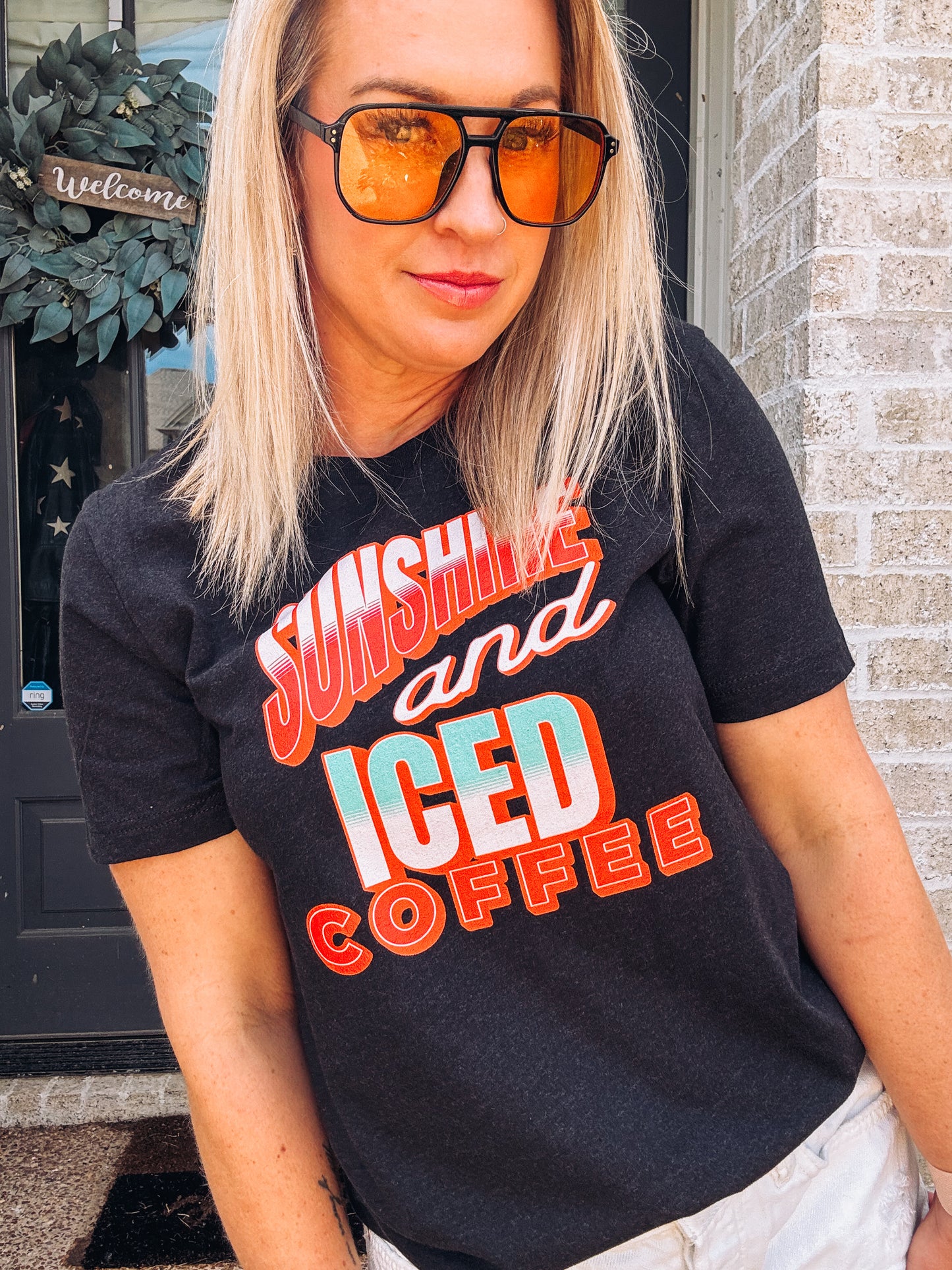 Sunshine & Iced Coffee Graphic Tee - Bella + Canvas Women's Summer Shirt - Cute Coffee Lover Tee