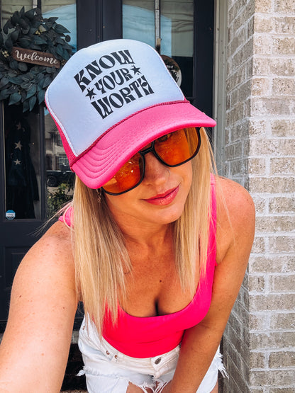 Know Your Worth Trucker Hat - Foam Snapback Hat - Hot Pink, Blue, & Black Graphic Cap