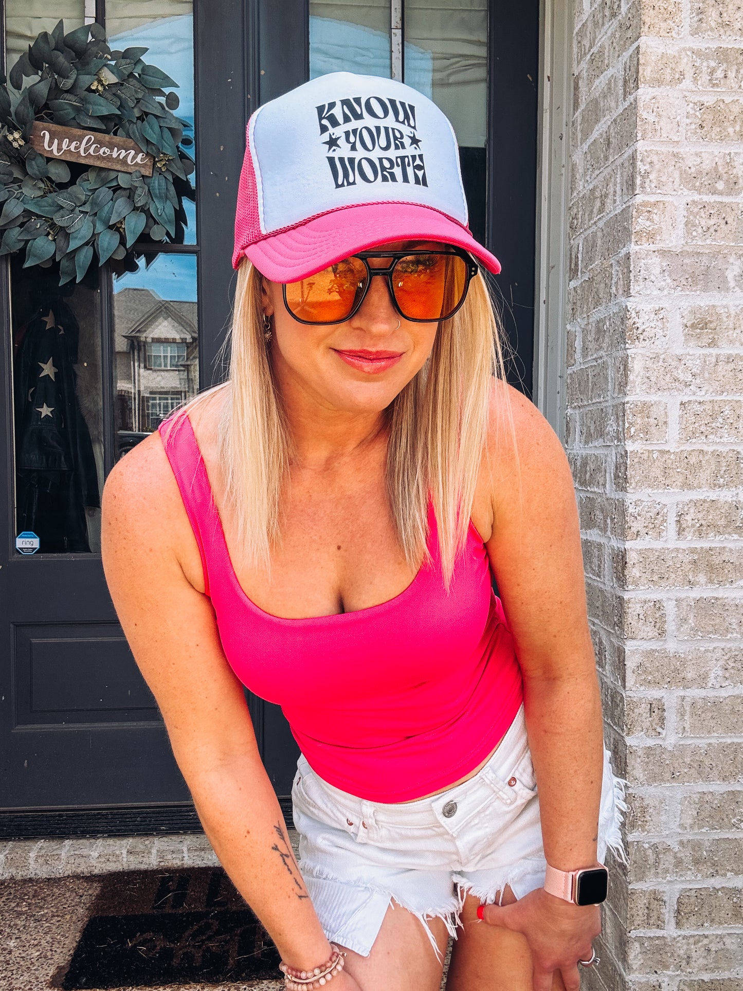 Know Your Worth Trucker Hat - Foam Snapback Hat - Hot Pink, Blue, & Black Graphic Cap