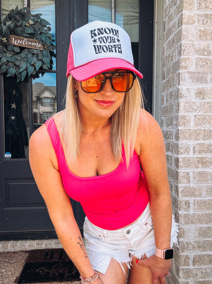 Know Your Worth Trucker Hat - Foam Snapback Hat - Hot Pink, Blue, & Black Graphic Cap