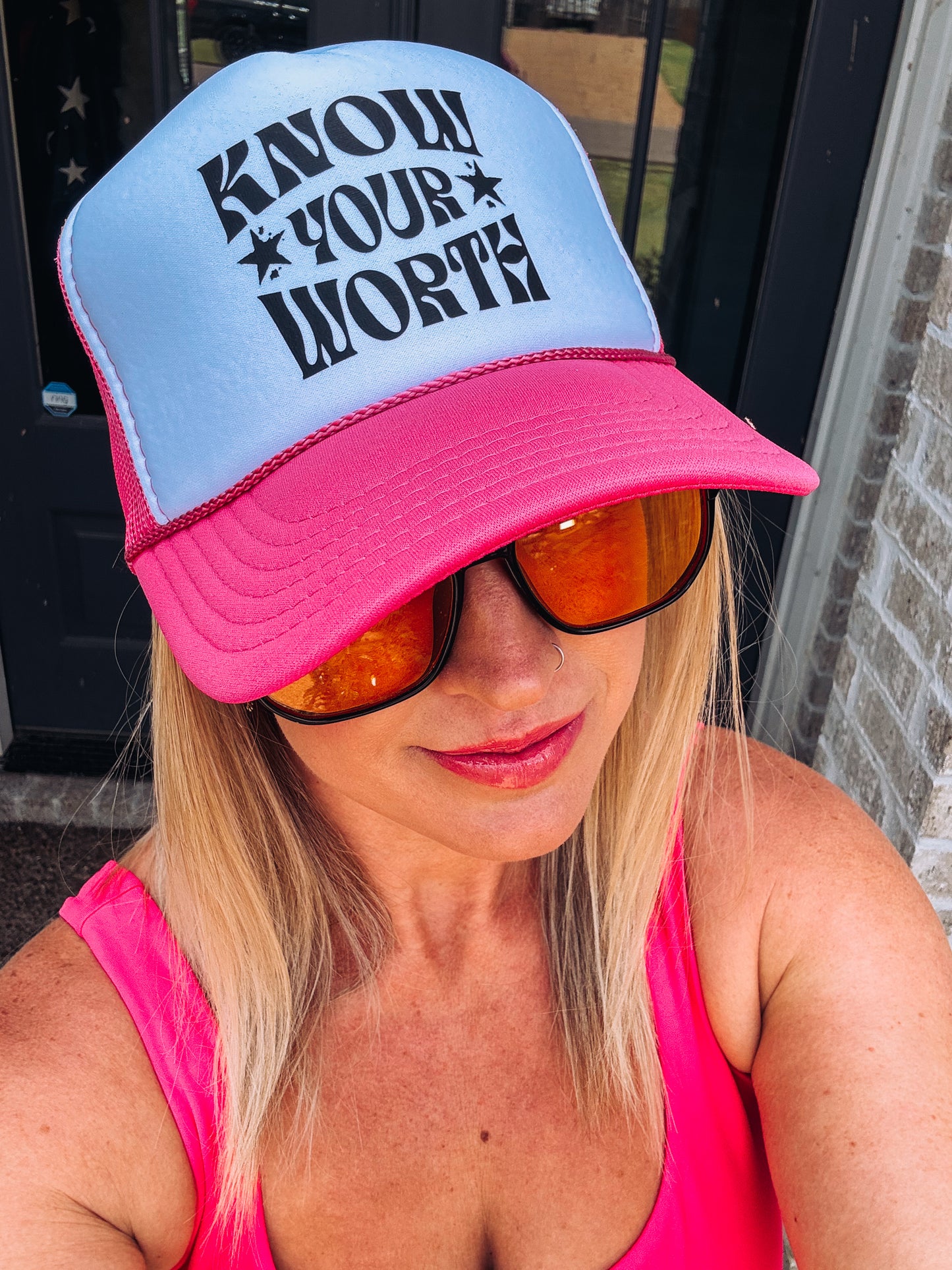 Know Your Worth Trucker Hat - Foam Snapback Hat - Hot Pink, Blue, & Black Graphic Cap