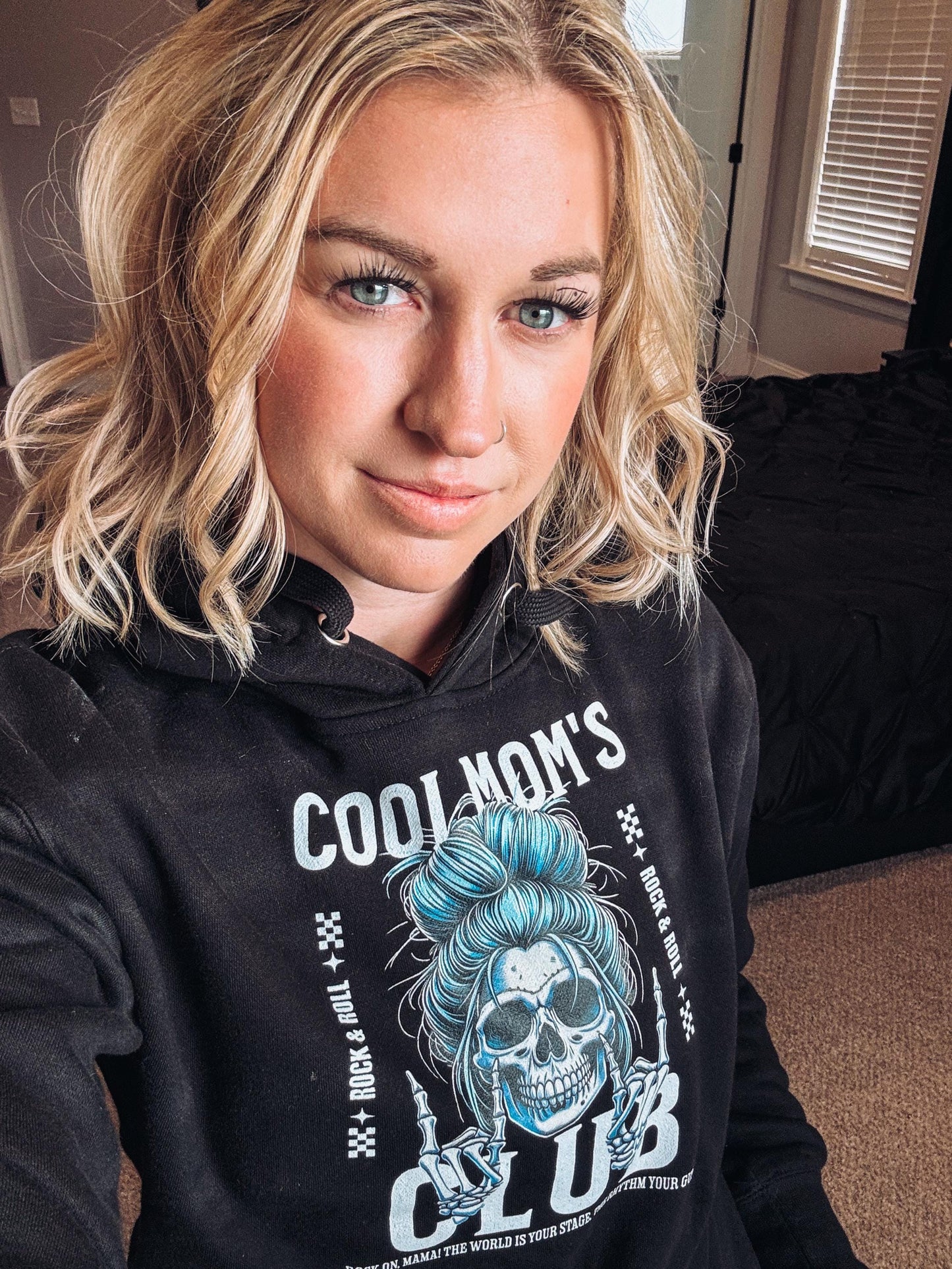 Cool Mom's Club Hoodie - Mom Skull Top Knot Graphic Sweatshirt - Trendy Mom Life Pullover - Funny Motherhood Gift - Edgy Cool Mom Hoodie