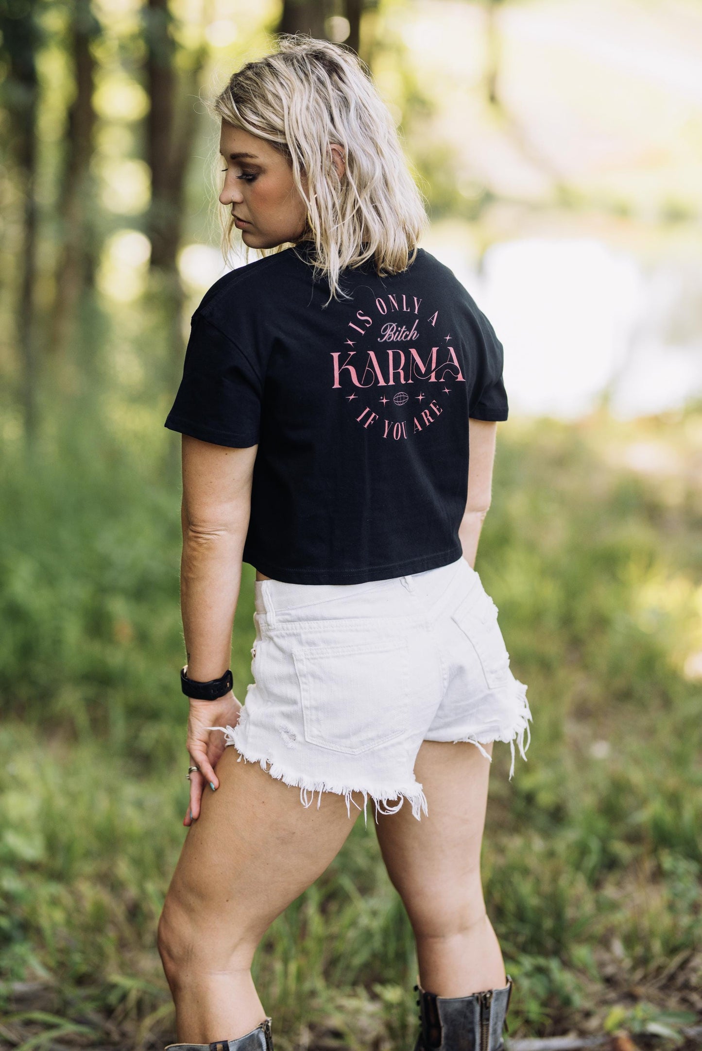 Sassy Graphic Crop Top: Karma Statement Tee for Confident Women