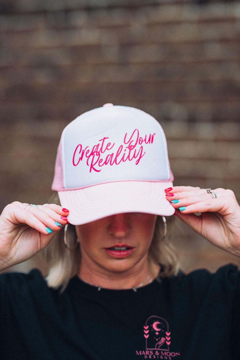 Create Your Reality Trucker Hat: Pink & White Mesh, Inspirational Cap